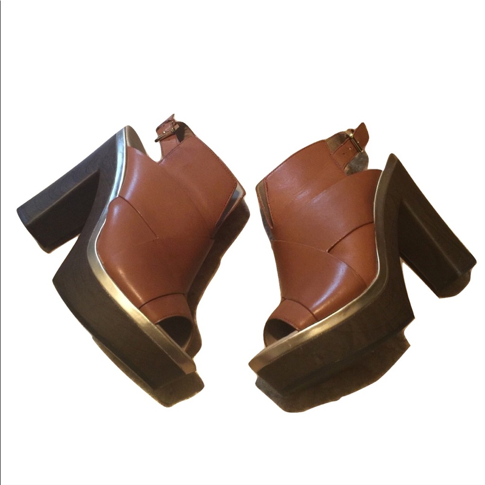 Brown Leather Chunky Platform Heels 7.5 Medium